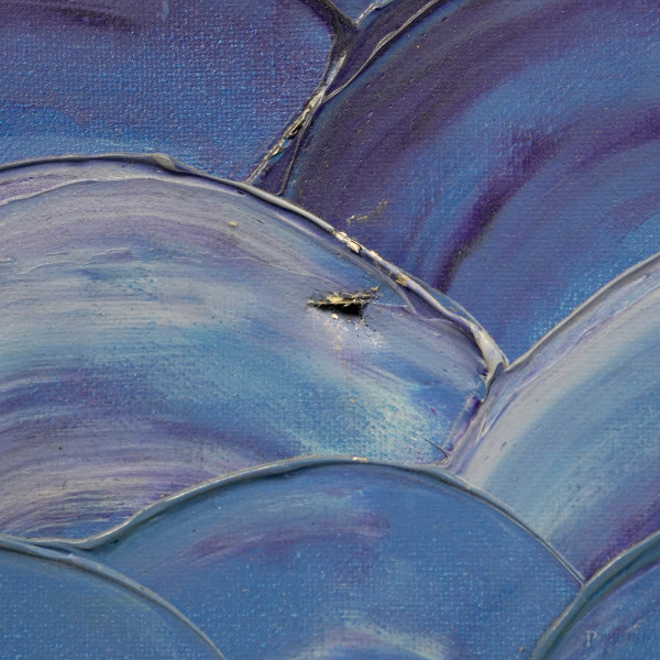 Paola Fabrizi, Vele, olio su tela, siglato in basso a destra, cm 60x120, entro cornice