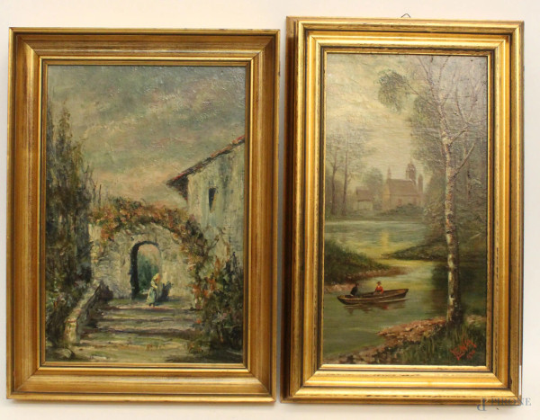 Lotto composto da due dipinti raffiguranti scorcio di paese e paesaggio fluviale, oli su tavola, cm 37 x 25 e cm 40 x 20, firmato entro cornice.