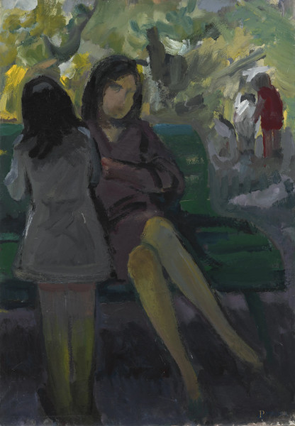 Edoardo Krumm (1916-1993), Al parco, tecnica mista e smalto su tela, cm 100x70, firmato al retro