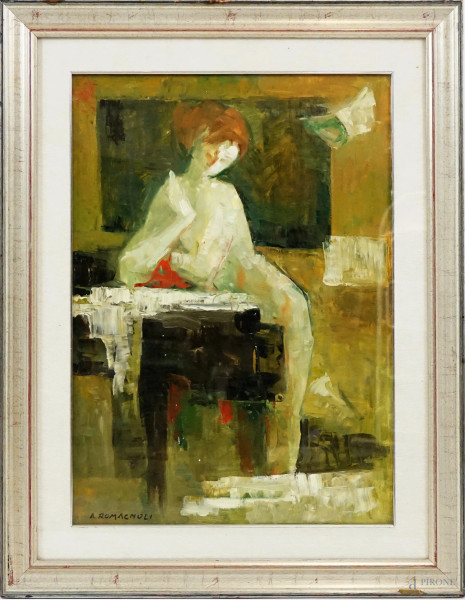 Interno con figura femminile, olio su tela, cm 70x50, firmato Alfredo Romagnoli, entro cornice