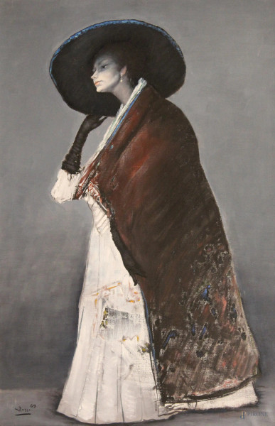 Mario Russo, Signora in veste di gala, olio su tela, cm 90x60.