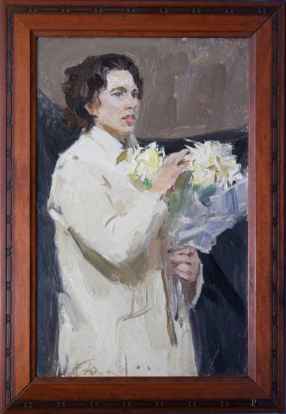 Donna con fiori, olio su tavola, Scuola russa, cm 47 x 30, entro cornice.