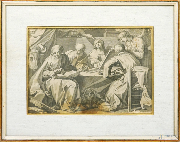 Li Quattro Evangelisti, incisione, cm 24x34, editore Vincenzo Billy (attivo a Roma nella seconda metà sec. XVII), entro cornice, (difetti e macchie).