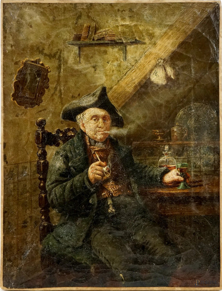 Otto Eerelman (Groninga, 1839-1926), Fumatore di pipa, olio su tela, cm 40,6x31, firmato in basso a destra, (lievi difetti).