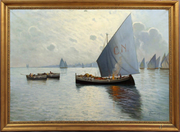 Eduardo   Forlenza - Laguna veneta con imbarcazioni, olio su tela, cm. 70x100, entro cornice.