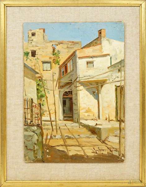 Scorcio di borgo, olio su compensato, cm 35x25, firmato, entro cornice.