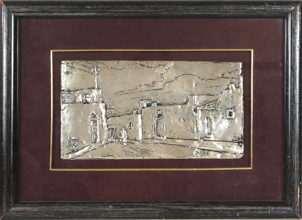 Aldo Riso - Lastra argentata raffigurante paesaggio, ed. 209/220, cm.15,5x29, entro cornice.