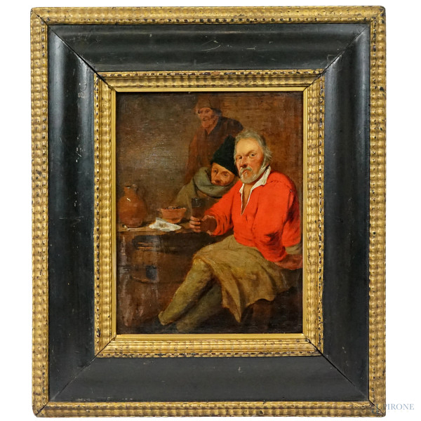 Scuola olandese del XVIII secolo, Scena di taverna, olio su tavola, cm 25x21,5, entro cornice