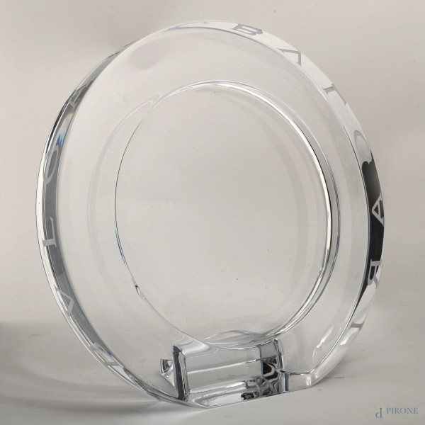 Portafoto in cristallo Rosenthal a marchio Bulgari, cm 17x17,5x6; luce diametro cm 12, (difetti)
