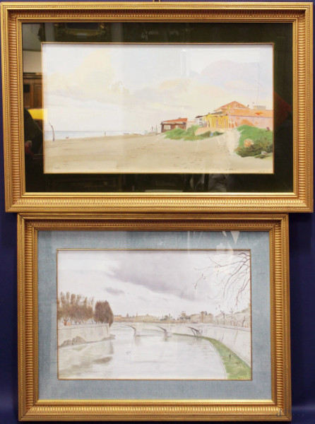Lotto di due dipinti a raffiguranti spiaggia e lungotevere olio su tela 40x70 - 40x60 cm, entro cornice firmato