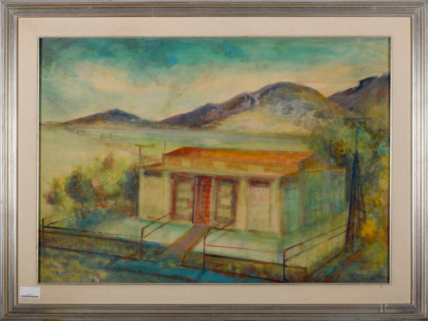 Alberto Bragaglia (1896 – 1985), Donne nel vicolo (recto) - Paesaggio (verso), tecnica mista su c...