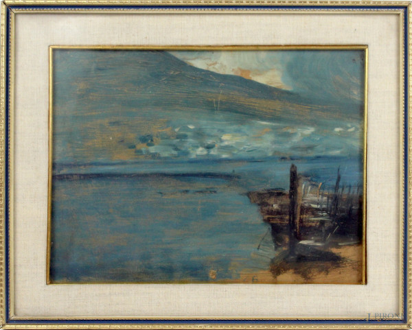 Marina, olio su cartone, XX secolo, cm 21x28, entro cornice
