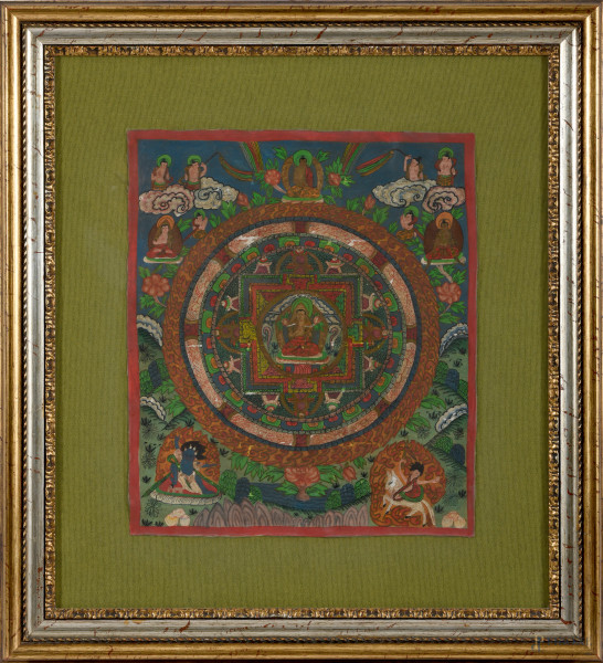 Tanka tibetano, tempera su tessuto, XX secolo, cm 42x36 entro cornice, (difetti)