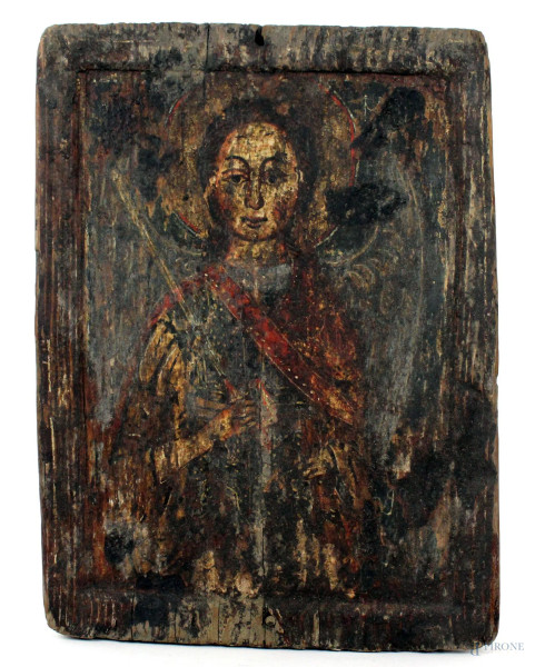 Icona raffigurante San Michele Arcangelo, tempera su tavola, cm 47x34,5, XIX-XX secolo, (difetti)
