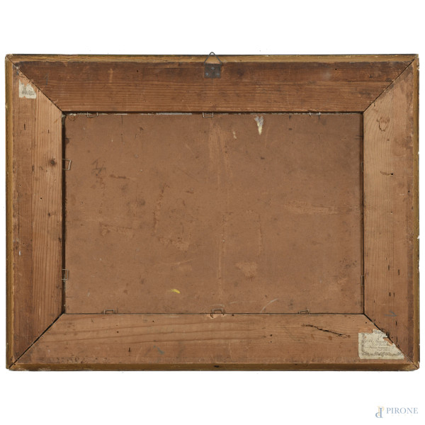 Pollaio, XX secolo, olio su cartone, cm 25x37,5, firmato in basso a destra, entro cornice