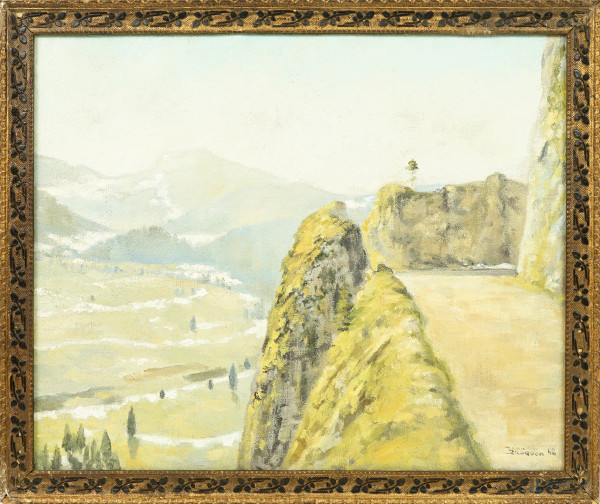 Paesaggio montano, olio su tela, firmato e datato in basso a destra, cm 32x40,5, entro cornice