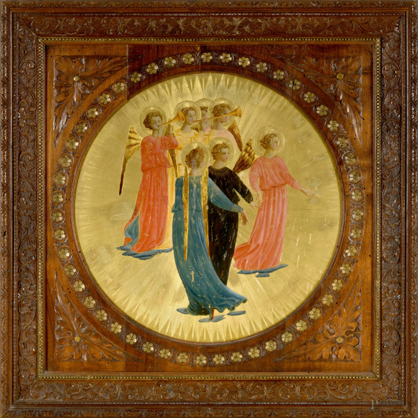 Angeli musicanti, XX secolo, tempera su tavola, diametro cm 34, entro cornice, (difetti)