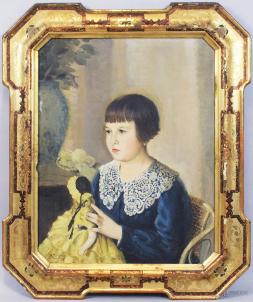 Arnaldo Malpieri - Ritratto di bambina con bambola, olio su tela, cm 70x55, entro cornice