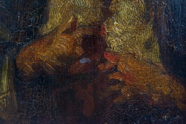 Pittore del XIX secolo, Ritratto di filosofo - Catone, olio su tavola, cm 11x23,5, (difetti)