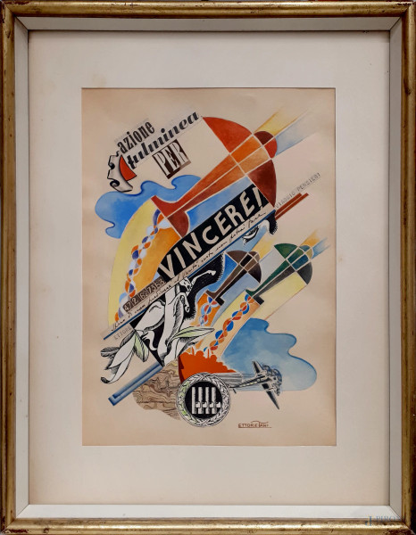Ettore Tani (XX sec.), Azione fulminea per vincere, aeropittura a tecnica mista su carta, cm 33x24, firmato 