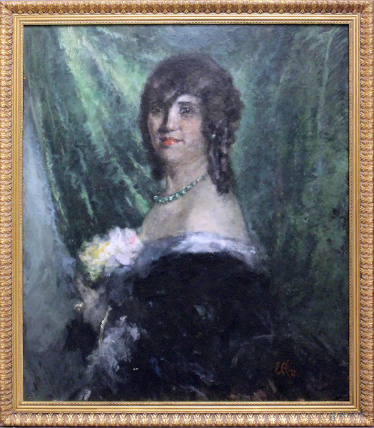 Ritratto di signora con fiori, olio su legno, cm. 89,5x76,5, firmato entro cornice.