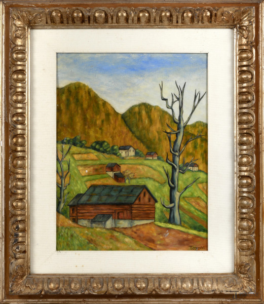 Fiorenzo Tomea - Paesaggio con case, olio su cartone, cm 48,5x37,5, firmato in basso a destra, entro cornice, (difetti)