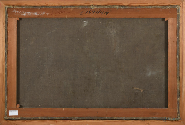 Paesaggio con figure e armenti, olio su tela, XVIII secolo, cm 70x108 entro cornice, (difetti)