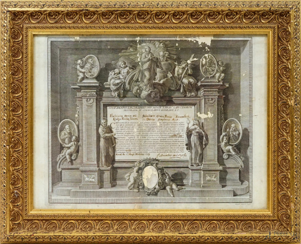 Illustrissimo Domino Sebastiano Clavica […], incisione di Ludovico Stern e Giuseppe Canale, con iscrizioni ad inchiostro bruno, datata 1759, cm 39x52,5 circa, entro cornice, (difetti)