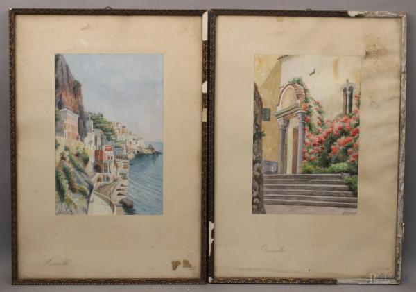 Gaetano Capone - Costiera amalfitana ed esterno con scalinata, coppia di acquarelli su carta cm 30x20, entro cornice.