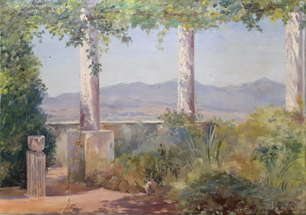 Artista del Novecento
In giardino d’estate, olio su tela, cm 35x25, firmato Mencacci, titolato e datato 1947 al retro