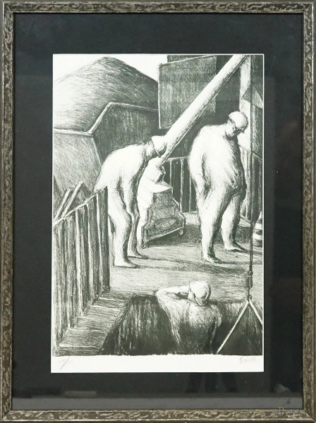 Mario Sironi - In guerra, litografia, cm 39,5x26 circa, ES.30/50,  entro cornice.