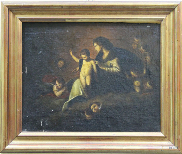 Scena religiosa, olio su tela 34x27 cm, entro cornice, primi 900.