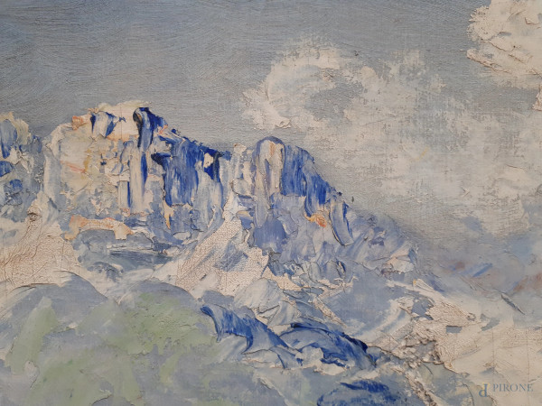 Artista di inizio XX secolo, Rifugio alpino, olio su tela applicata su cartone, cm 50x68, firma p...