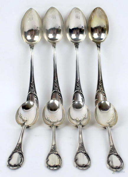Otto cucchiaini in argento, gr.200, XX secolo.