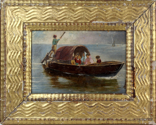 Marina con imbarcazioni e pescatori, olio su tavola, cm 10x14,5, entro cornice