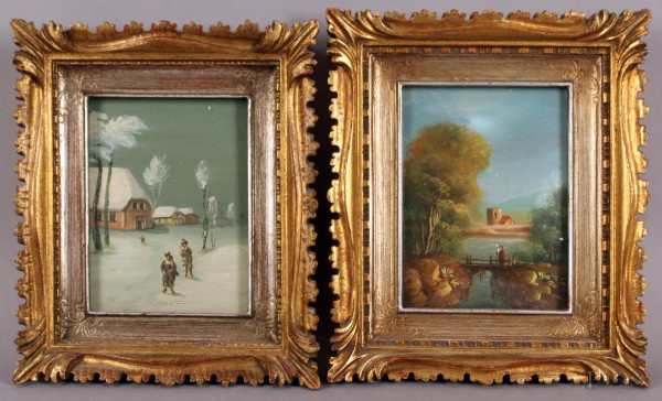 Coppia miniature raffiguranti paesaggio invernale e paesaggi con ponte, olio su carta, cm. 11,5x8,5, firmato entro cornici.