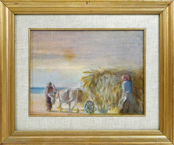 Il carro da fieno, XX secolo, olio su tela, cm 22,4x29,7, entro cornice