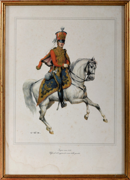 Lotto di quattro stampe raffiguranti soldati di cavalleria, XX secolo, cm 34x24,5, entro cornice, (difetti)