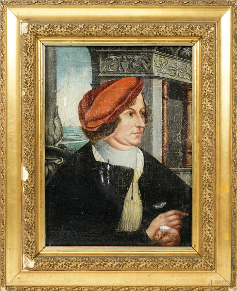 Ritratto d'uomo con cappello, olio su tela, cm 38,5x31, XIX secolo, entro cornice, (restauri)