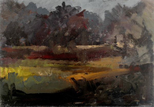 Edoardo Krumm (1916-1993), Paesaggio boschivo, tecnica mista e smalto su tela, cm 70x100, firmato al retro