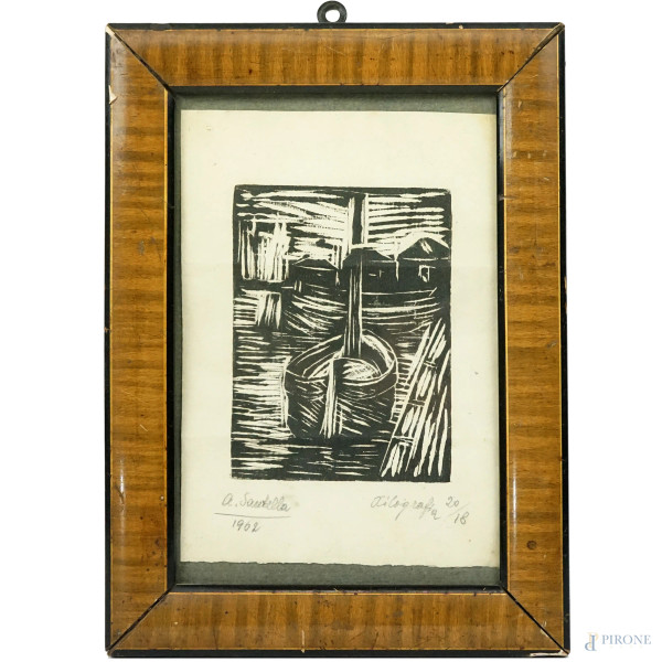 Alfredo Santella - Barche, xilografia, cm 19,5x14, es. 20/18, firmata e datata, entro cornice