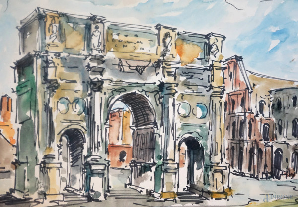 Arco di Costantino, acquarello su carta, cm 30x44,5, firmato, entro cornice.