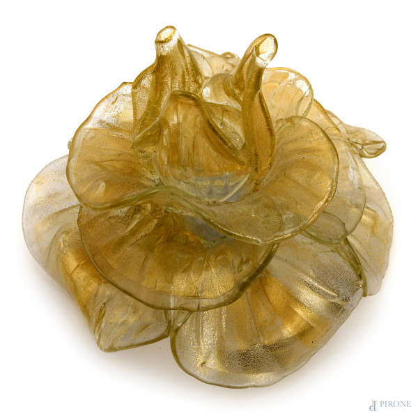 Fiore in vetro di di Murano trasparente spruzzzato oro, XX secolo, cm 13x16x15