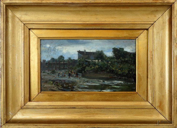 Paesaggio con case e figure, olio su tavola, cm 14x24, firmato, entro cornice.