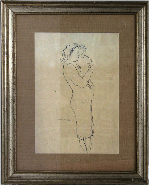 Donna con bambino, disegno a matita su carta 26x21 cm entro cornice, recante firma Omiccioli 43.