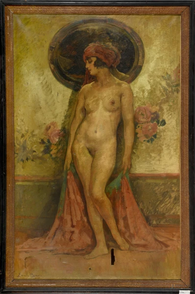La modella, XIX-XX secolo, olio su tela, cm 130x88, firmato in basso a sinistra, entro cornice, (difetti)