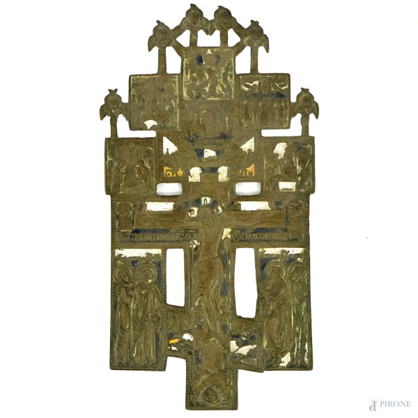 Croce ortodossa in bronzo e smalti policromi, con scene della vita di Cristo, XIX secolo, cm 22,7x12,5, (lievi difetti)