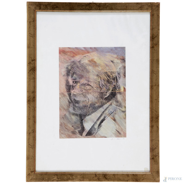 Ritratto di uomo, stampa su carta, firmato in basso a destra, cm 70x50, entro cornice, (piegature, difetti)