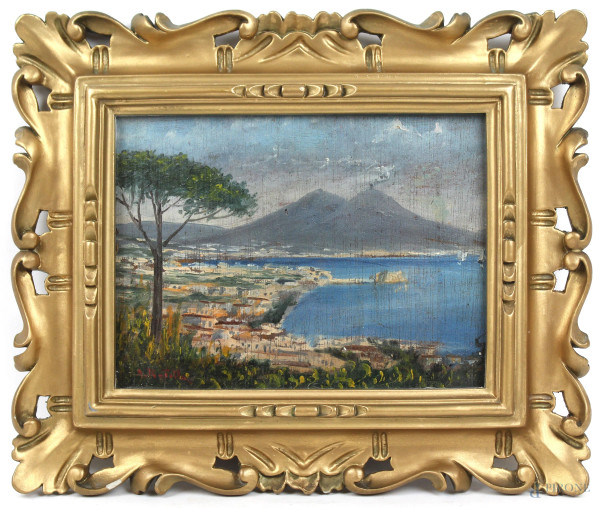 Scorcio del Golfo di Napoli, olio su tavola, cm 18x23, firmato, entro cornice