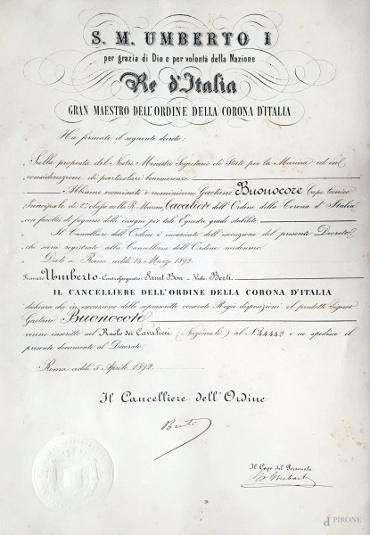 Antico raro decreto del Re d&#39;ITALIA Umberto I&#176; datato 1892, timbrato a secco e firmato.